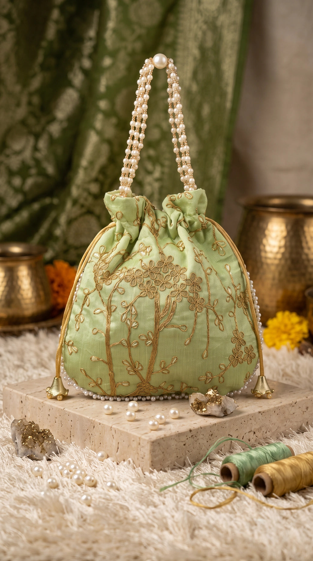 Pista Green Embroidered Potli Bag with Pearl Bead Trim, Drawstring Wedding Festive Return Gift Pouch