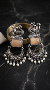 Antique Peacock Motif Square Stone & Crystal Drop Earrings in Cream Tone for Women (Fashion Jewellery)