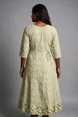 Olive Green Cotton Anarkali Gown with Dori Design, Geometric Floral Print & Golden Piping Detail