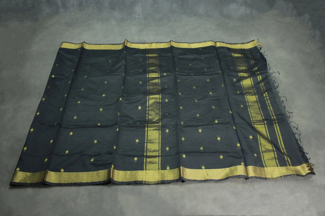 Black Silk Cotton Saree with Zari Border and All-Over Diamond Buti, Comes with Blouse