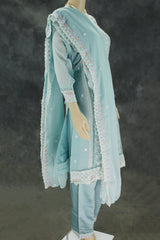 Pastel Blue 3-Piece Salwar Suit Set with Organza Chiffon Kurti, Silk Feel Bottom & Stone Work Dupatta