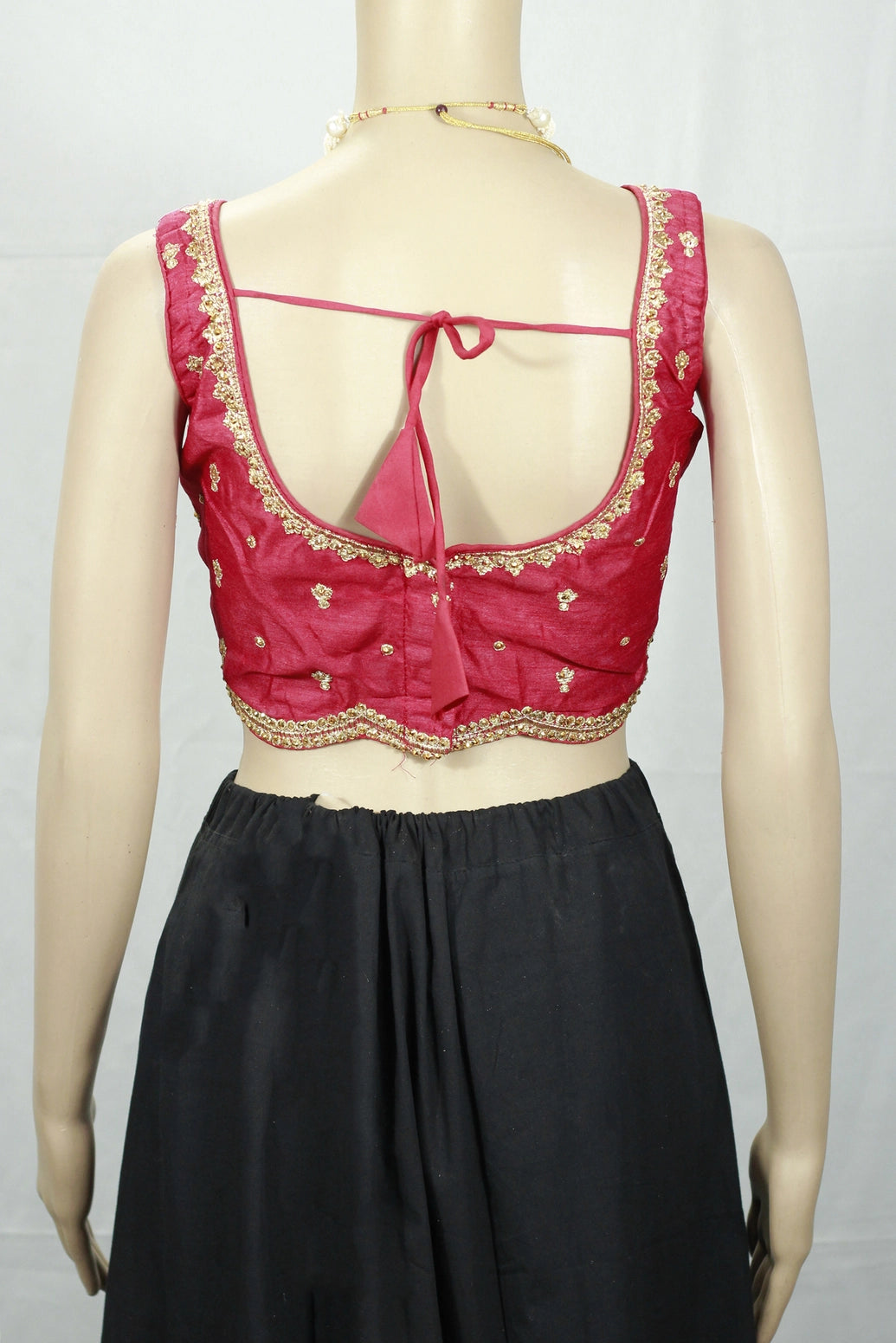 Red Sequin Padded Readymade Sleeveless Blouse with Back Knot and Floral Motifs, Fully Stitched