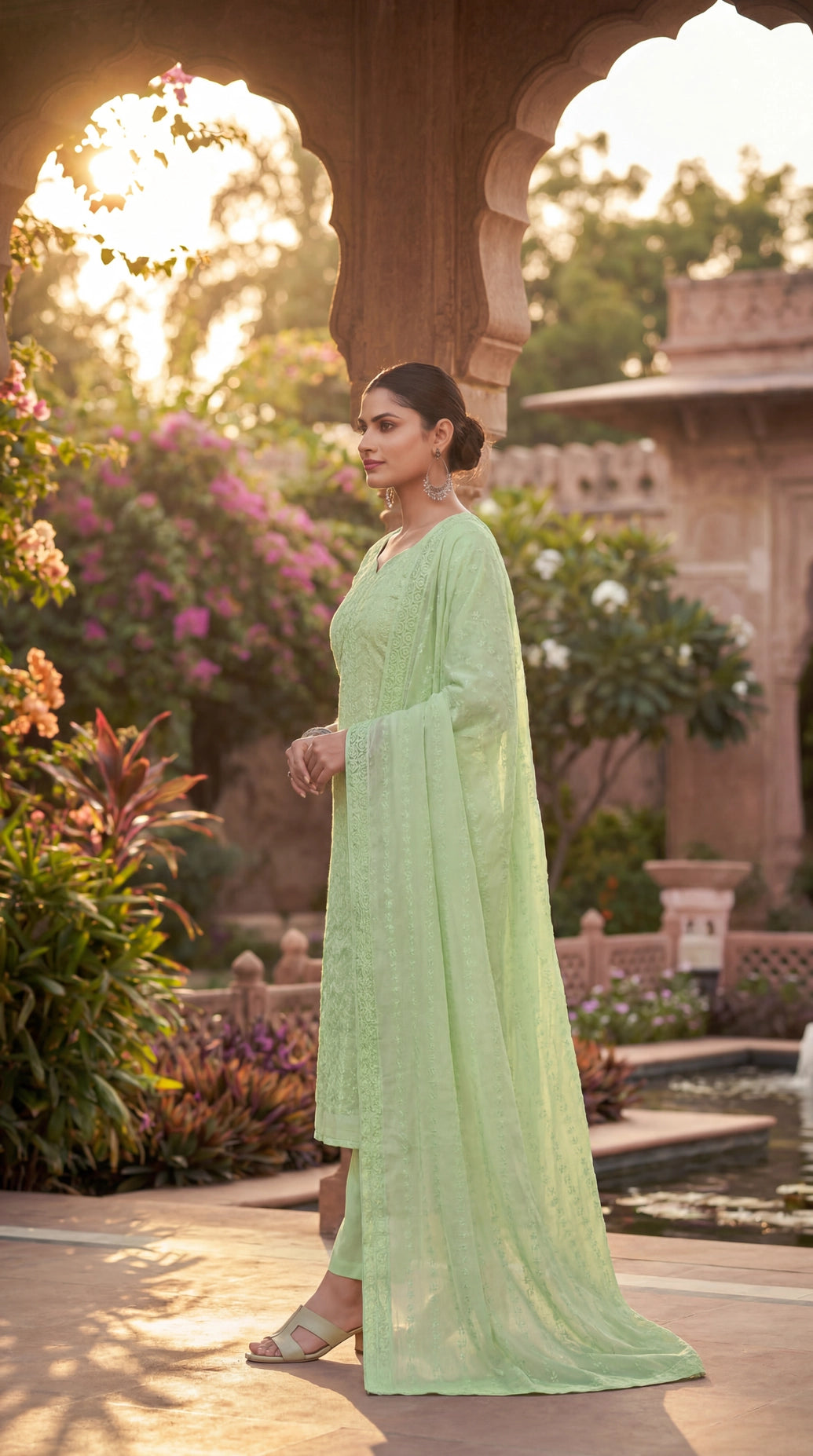 Pista Green Cotton 3-Piece Kurti Set with Elastic Pant and Schiffli Dupatta for Women