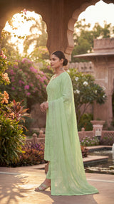 Pista Green Cotton 3-Piece Kurti Set with Elastic Pant and Schiffli Dupatta for Women