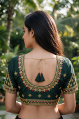 Green Zari Embroidered U-Neck Padded Ready Blouse with Floral Paisley Butta, Fully Stitched Elbow Sleeve for Women