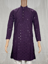 Men Purple Lakhnavi Kurta with All-Over Motif and Stand Collar for Festive Wear