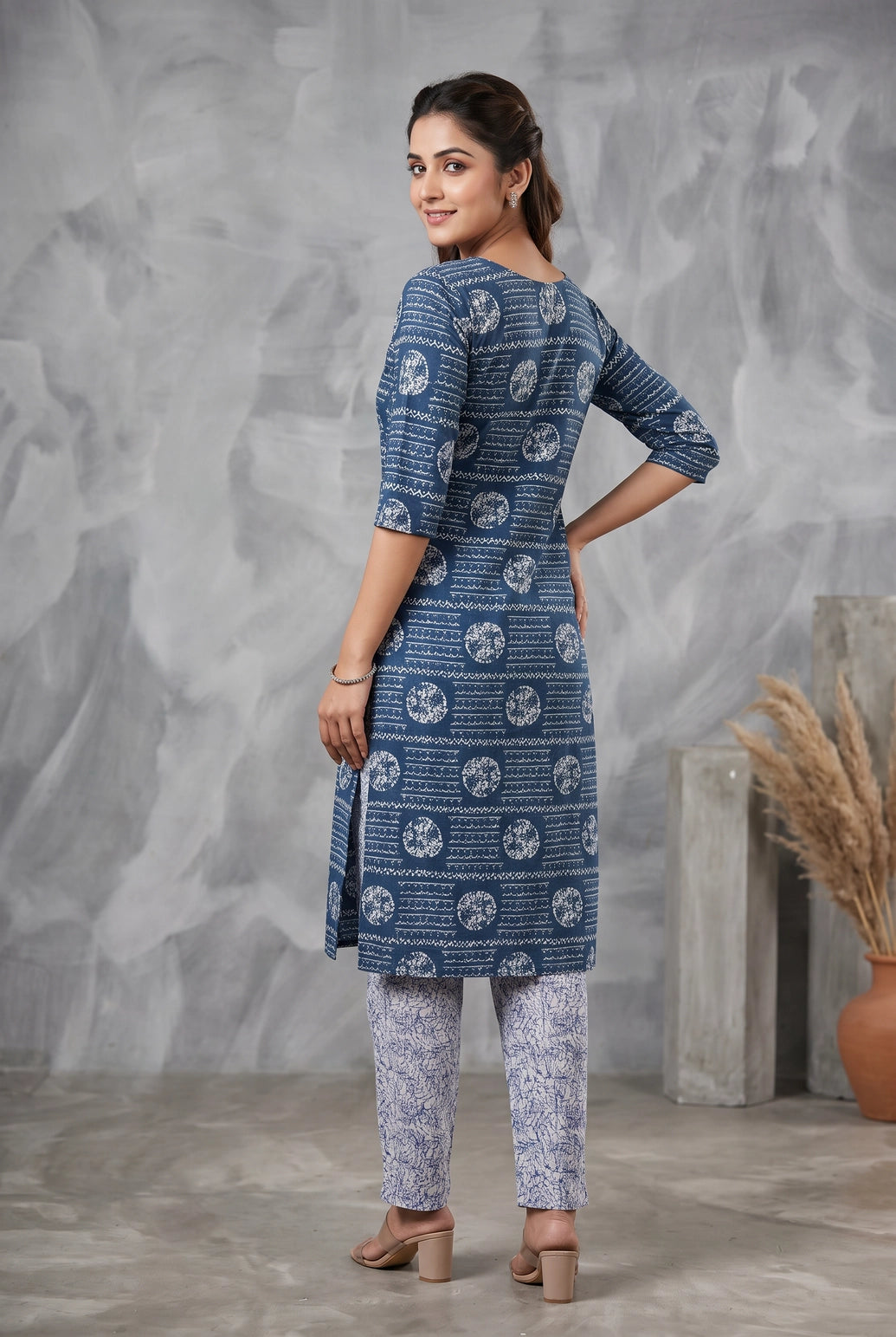 Indigo Blue Rayon Kurti with Printed Elastic Pant 2-Piece Set for Women | Round Neck, 3/4 Sleeves