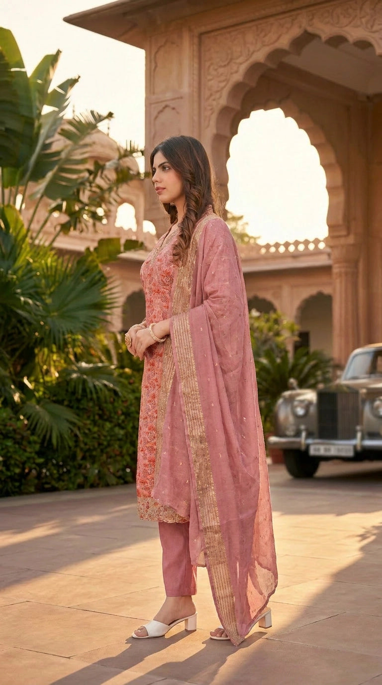 Women’s Pink Cotton 3-Piece Kurti Set with Floral Print, V-Neck Aari Work & Jacquard Dupatta