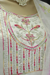 White Roman Silk Kurti with Pant & Organza Digital Dupatta - Zari Sequence Neck Design, 3-Piece Set