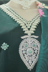 Dark Green Roman Silk Kurti Pant Dupatta 3-Piece Set with Sequins & Zari Embroidery for Women