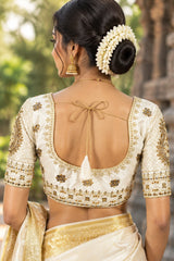 White Readymade Designer Padded Blouse with Zari Floral Butta, U-Shape Neck, Elbow Sleeves, Back Knot