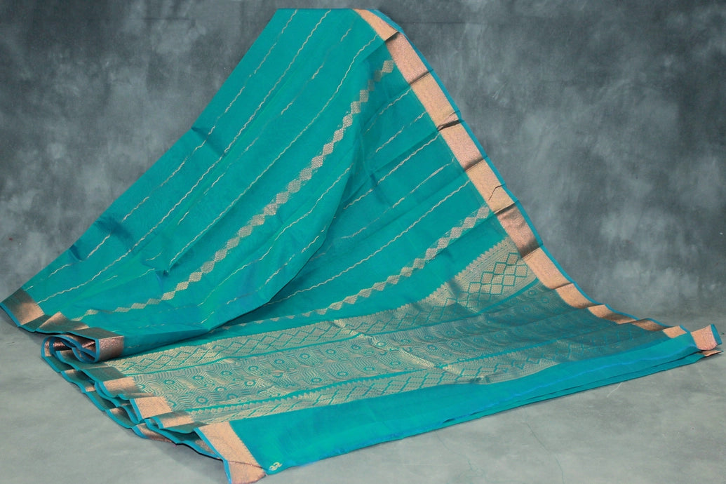 Teal Green Silk Cotton Saree with Beautiful Zari Border and Blouse Piece