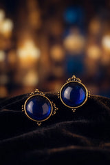 Royal Blue Oval Stone Stud Earrings with Gold-Tone Beaded Border for Women