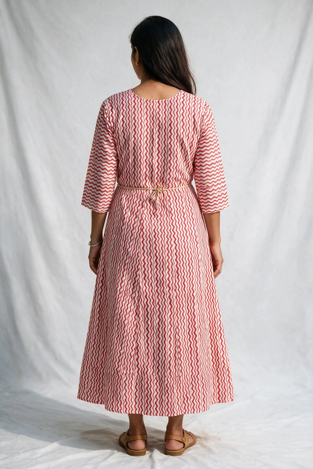 Pink Cotton Anarkali Kurti/Gown with Geometric Floral Dori Design & Silver Sequin Stripe Details