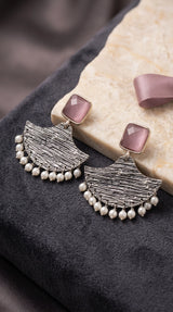 Pink Square Stone Silver-Tone Textured Triangular Chandbali Style Earrings with Pearl Drops for Festive Party Wear