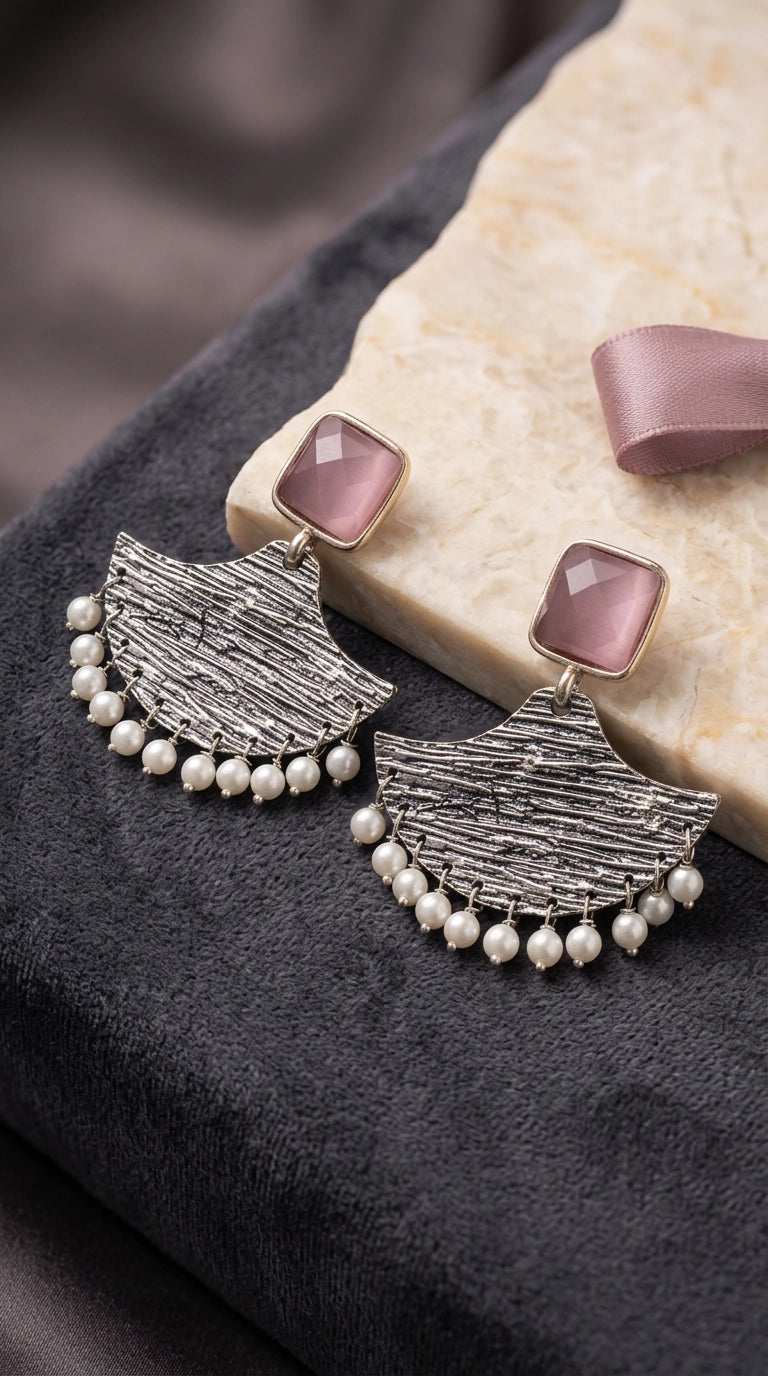 Pink Square Stone Silver-Tone Textured Triangular Chandbali Style Earrings with Pearl Drops for Festive Party Wear
