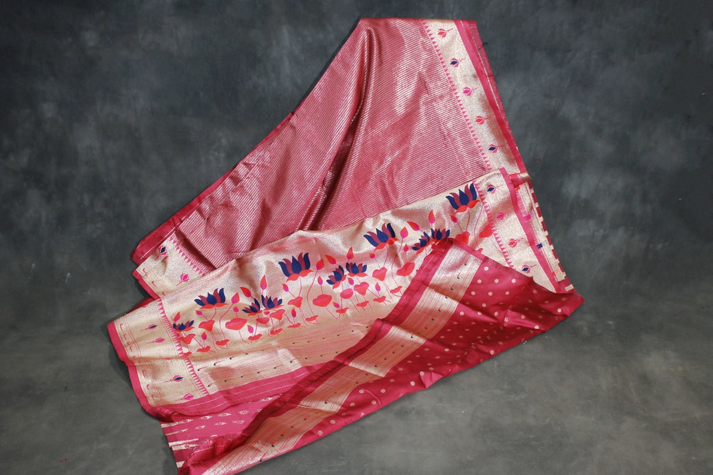 Paithani Tissue Fabric Saree in Pink with Zari Weaving Work and Blouse Piece