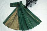 Dark Green Silk Cotton Saree with Zari Border and Matching Blouse