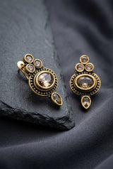 Antique Finish Gold-Tone Stud Earrings with Oval Center Stone and Beaded Detail for Ethnic Wear