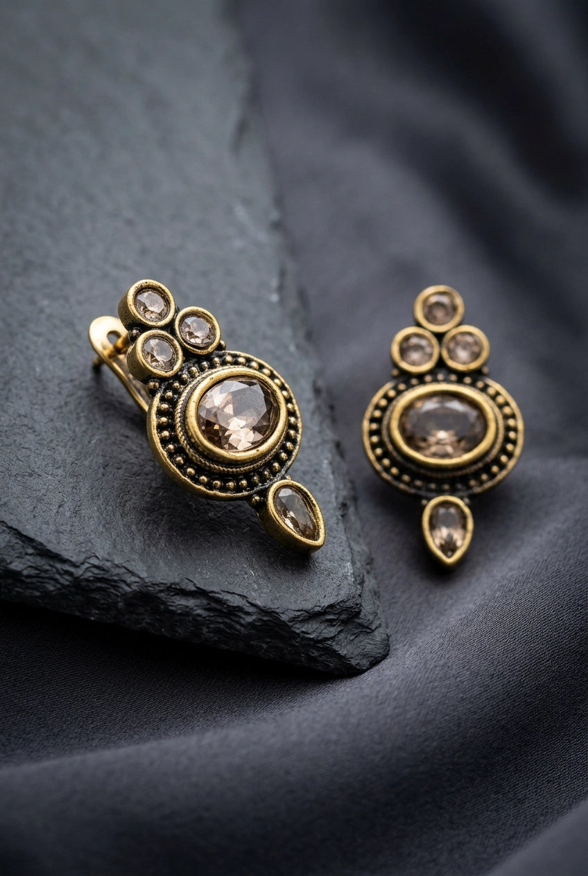 Antique Finish Gold-Tone Stud Earrings with Oval Center Stone and Beaded Detail for Ethnic Wear