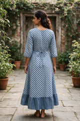 Light Blue Cotton Anarkali Kurti with Floral Print, Round Neck and Thread-Mirror Work