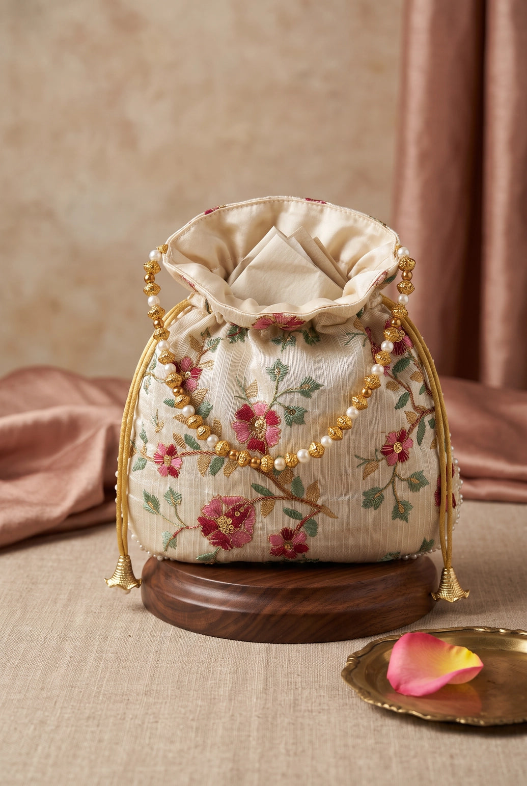 Cream Floral Embroidered Ethnic Potli Pouch with Pearl Bead Trim and Drawstring for Wedding & Festive Gifting