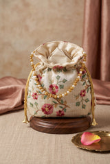 Cream Floral Embroidered Ethnic Potli Pouch with Pearl Bead Trim and Drawstring for Wedding & Festive Gifting