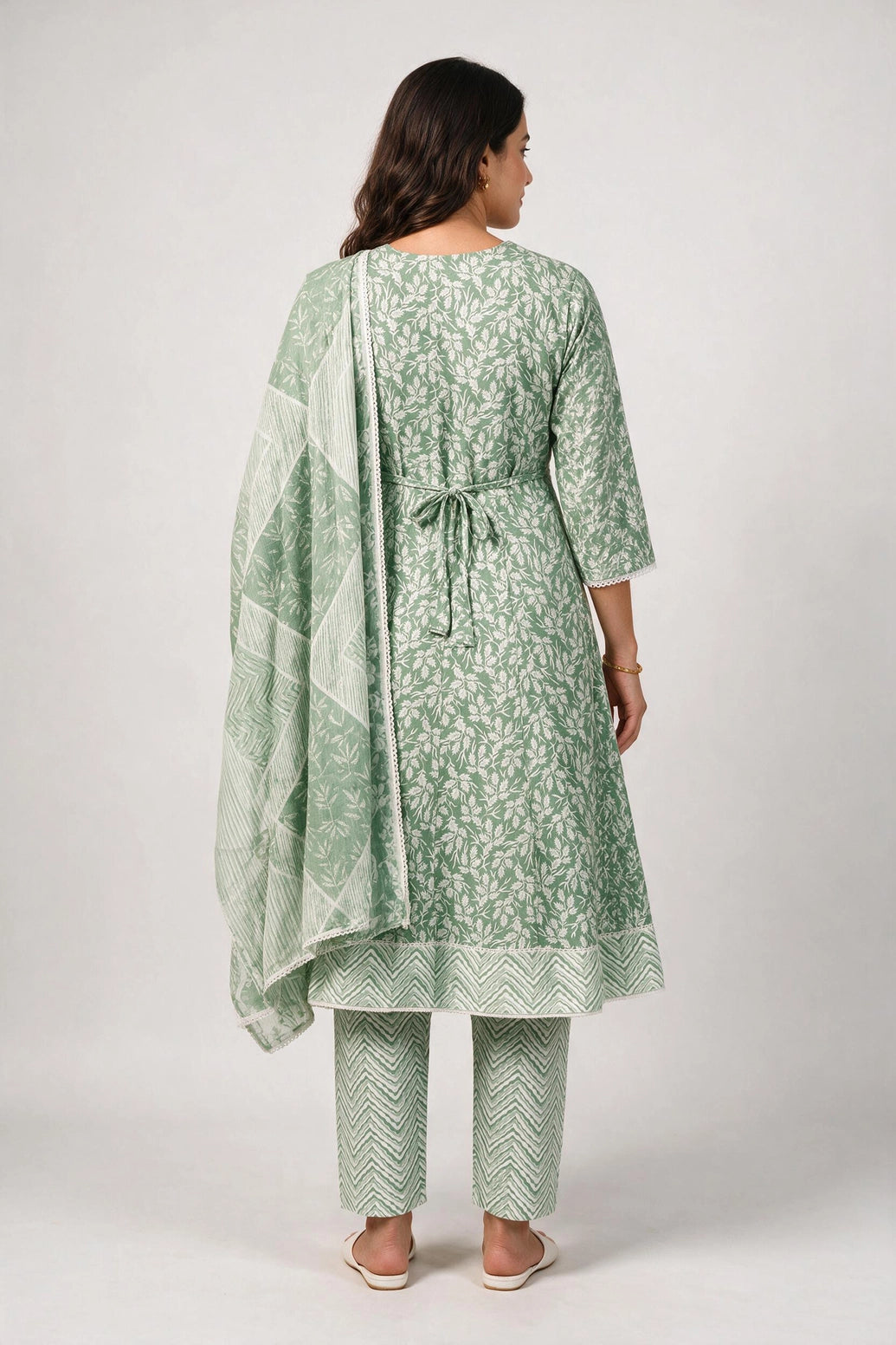 Pista Green Cotton 3-Piece Kurti Set with Floral Print, Embroidered Neckline, Elastic Frock Pant & Matching Dupatta