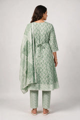 Pista Green Cotton 3-Piece Kurti Set with Floral Print, Embroidered Neckline, Elastic Frock Pant & Matching Dupatta