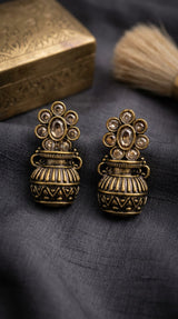 Antique Gold-Tone Floral Stud Jhumka Earrings with Champagne Crystal Stones for Women
