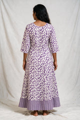 Lavender Cotton Anarkali Kurti Gown with Geometric Floral Print & Silver Sequin Stripe Detail