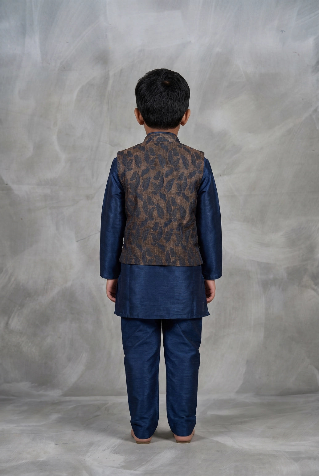 Boys Navy Blue Koti Kurta Set (3-Piece) with Nehru-Style Waistcoat, Matching Pants and Brooch