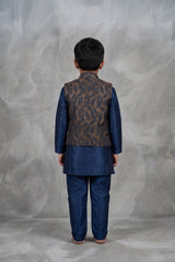 Boys Navy Blue Koti Kurta Set (3-Piece) with Nehru-Style Waistcoat, Matching Pants and Brooch