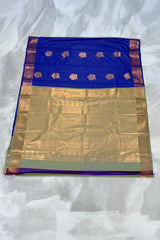Royal Blue Korvai Soft Silk Saree with Gold Zari Buttas and Floral Border with Blouse
