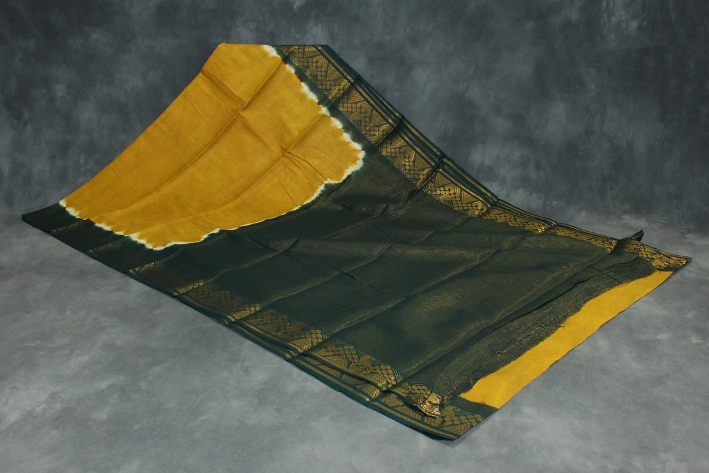 Mustard Sungudi Cotton Saree with Dark Green Gold Zari Border and Vaira Oosi Design