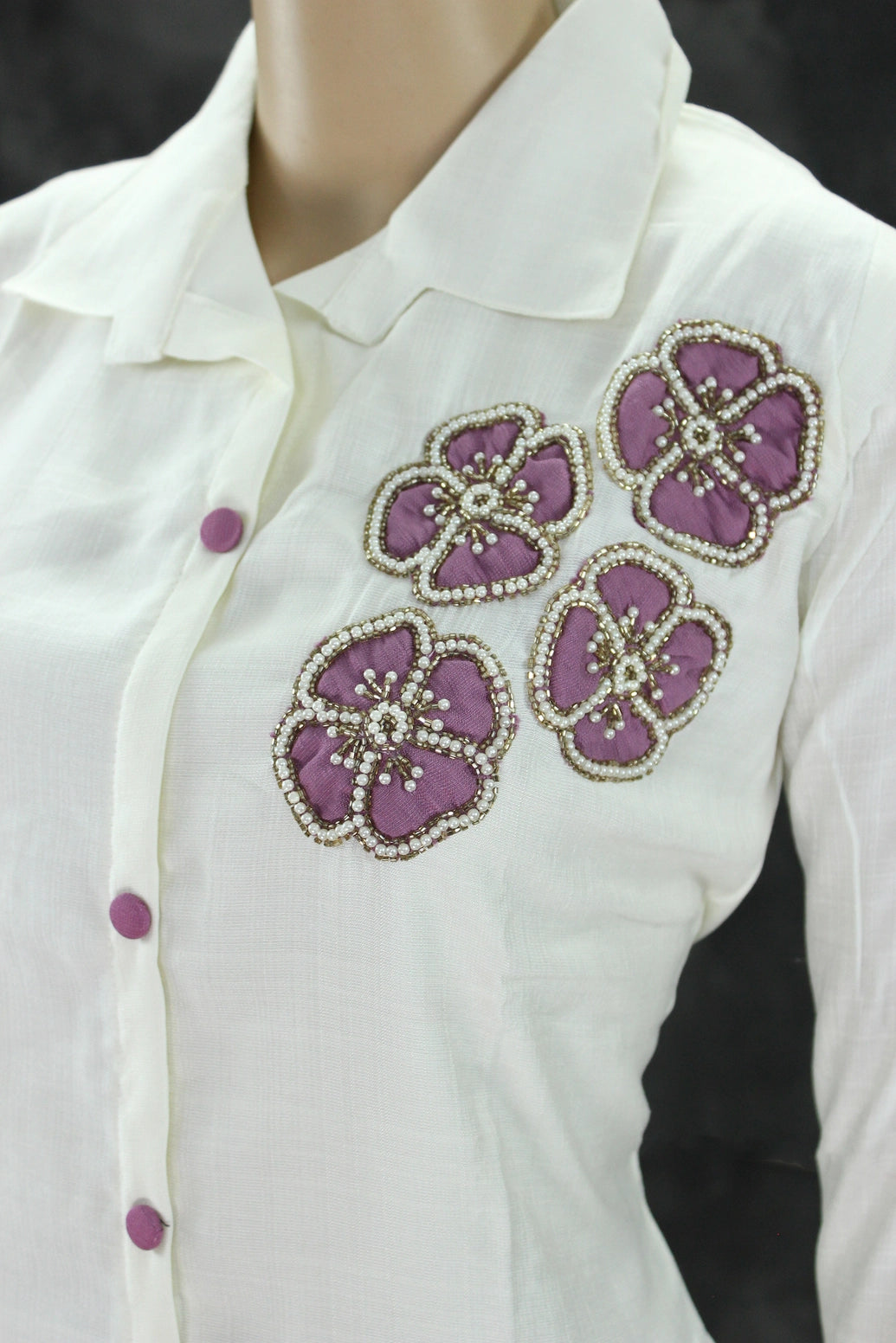 White & Lavender Cotton-Rayon Embroidered Aari Work Kurti Set with Straight Pants - Collar Neck, 3/4 Sleeve Kurti JCS Fashions