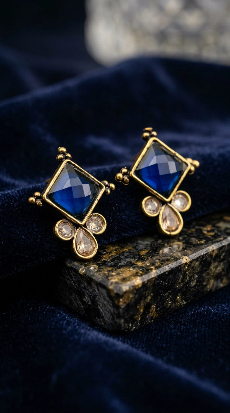 Navy Blue Emerald-Style Square Stud Earrings with Gold-Tone Frame and Crystal Drops