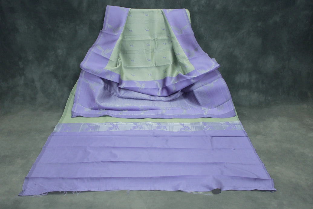 Pastel Green Kubera Pattu Saree with Zari Border and Peacock Style Design, Blouse Included