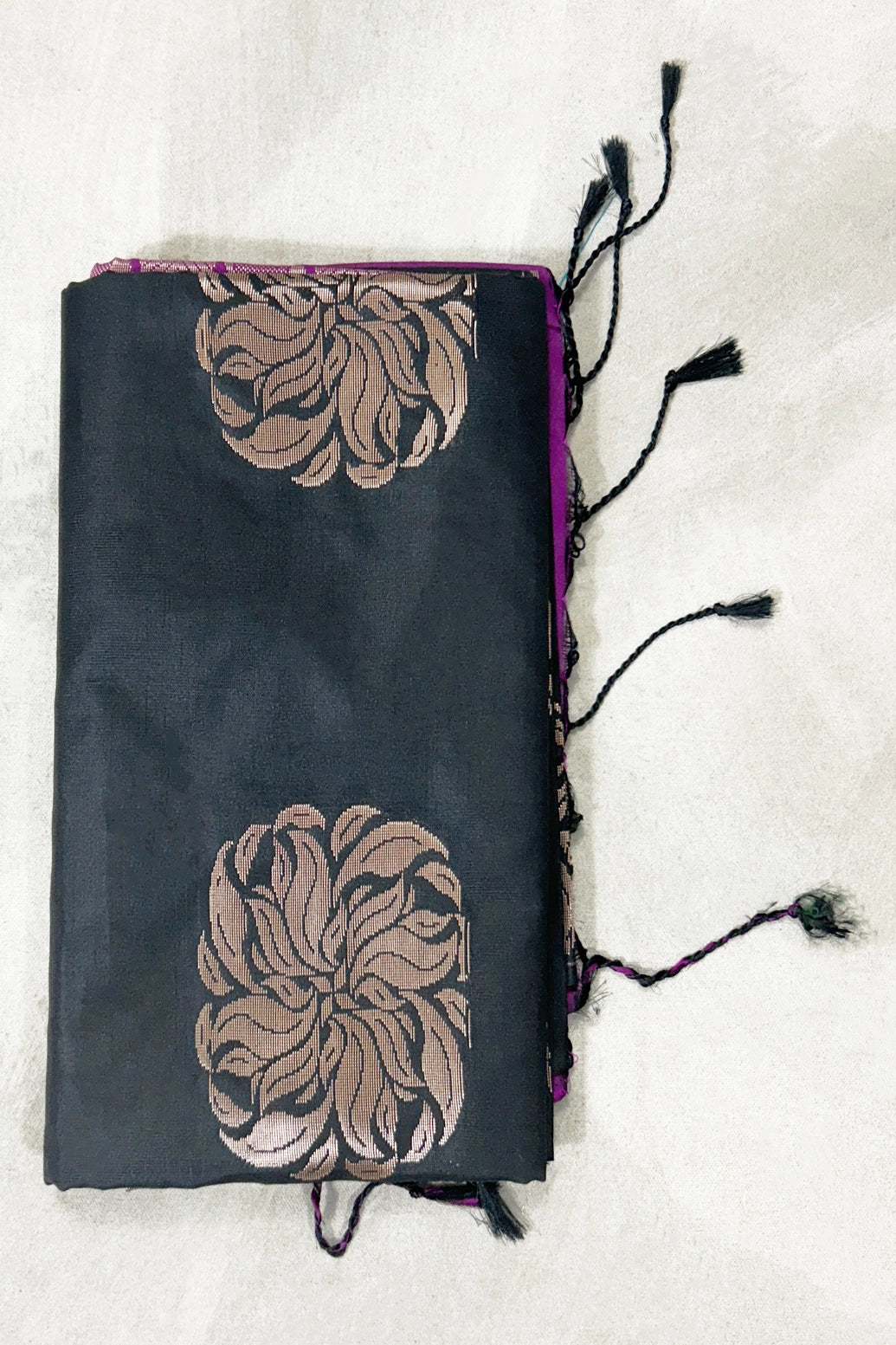 Black Soft Silk Saree with Contrast Purple Border and Gold Zari Floral Buttas