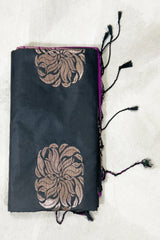 Black Soft Silk Saree with Contrast Purple Border and Gold Zari Floral Buttas