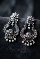 Light Pink Oxidized Silver-Tone Floral Teardrop Stone Pearl Drop Earrings for Women