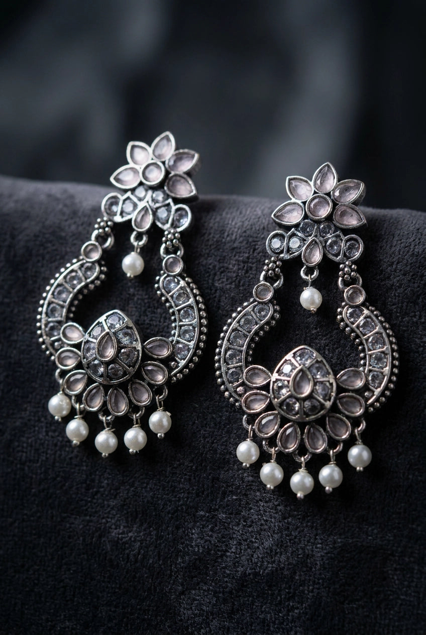 Light Pink Oxidized Silver-Tone Floral Teardrop Stone Pearl Drop Earrings for Women