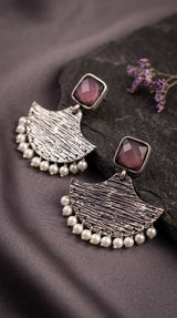 Purple Stone Triangular Dangler Earrings with Pearl Beads, Silver-Toned Fashion Jewellery for Party & Festive Wear