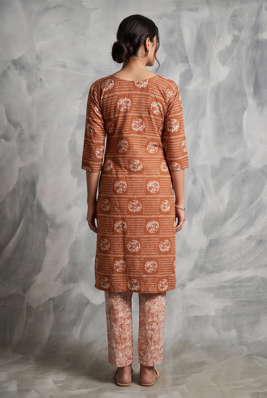 Rust Brown Rayon 2-Piece Kurti Set with Elastic Pants, Floral Foil Print, Round Neck 3/4 Sleeves