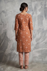 Rust Brown Rayon 2-Piece Kurti Set with Elastic Pants, Floral Foil Print, Round Neck 3/4 Sleeves