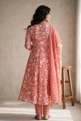 Pink Cotton 3-Piece Kurti Set with Embroidery, Frock Pant & Matching Dupatta