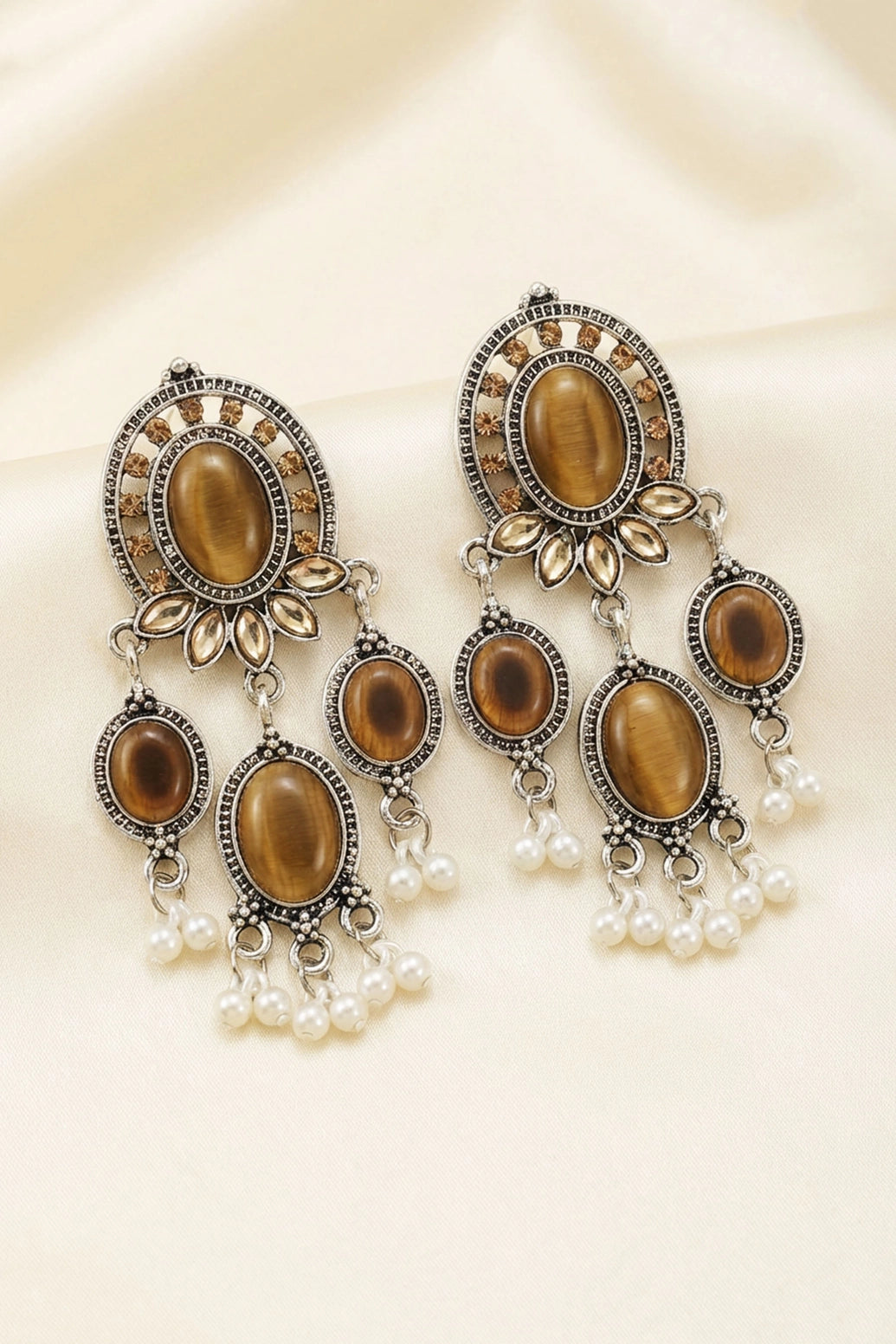 Cream Oval Oxidized Silver-Tone Fashion Earrings with Stone & White Pearl Drops