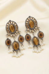 Cream Oval Oxidized Silver-Tone Fashion Earrings with Stone & White Pearl Drops