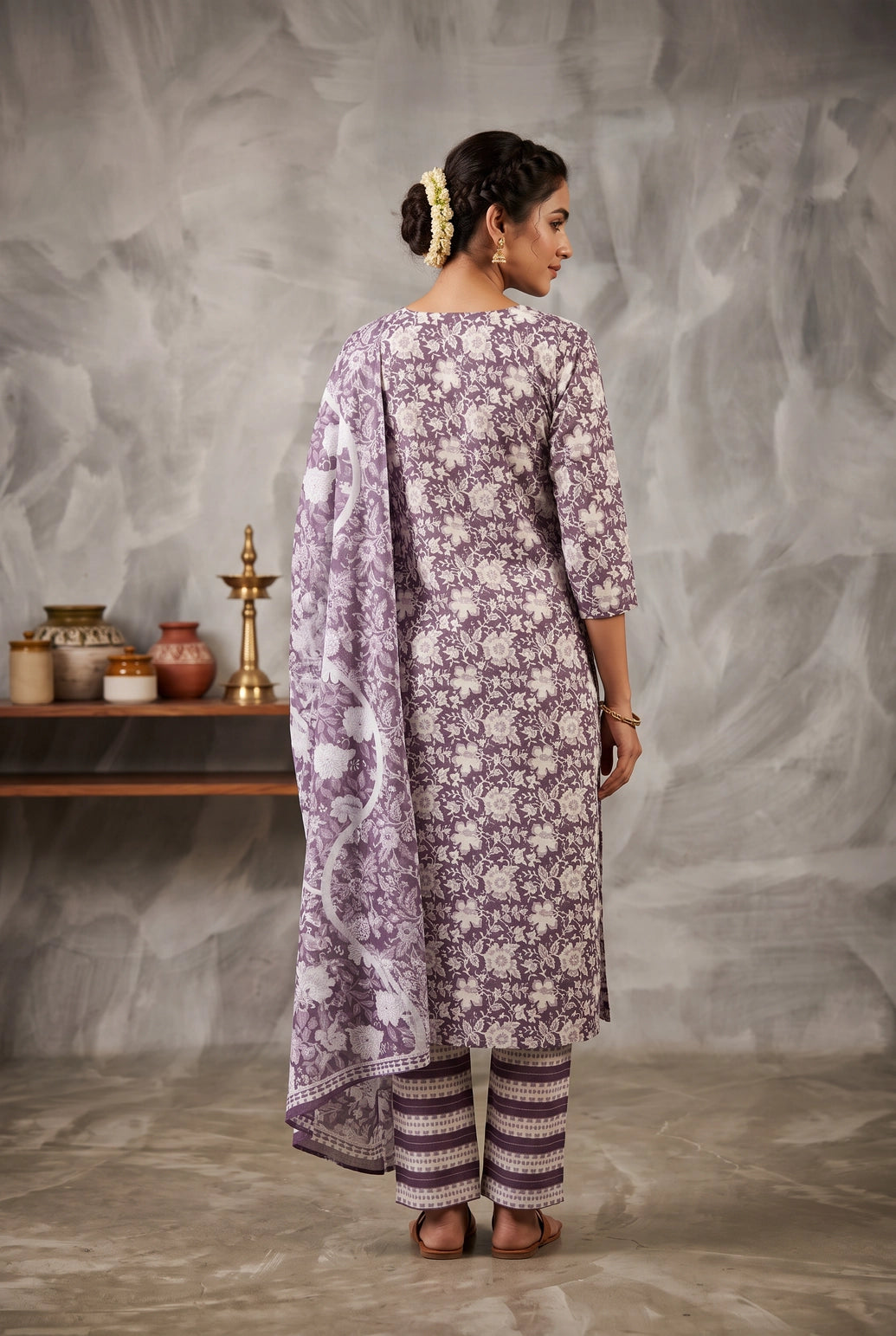 Purple Cotton Floral 3-Piece Kurta Set with Embroidered V-Neck, Elastic Pant & Dupatta