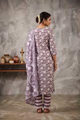Purple Cotton Floral 3-Piece Kurta Set with Embroidered V-Neck, Elastic Pant & Dupatta